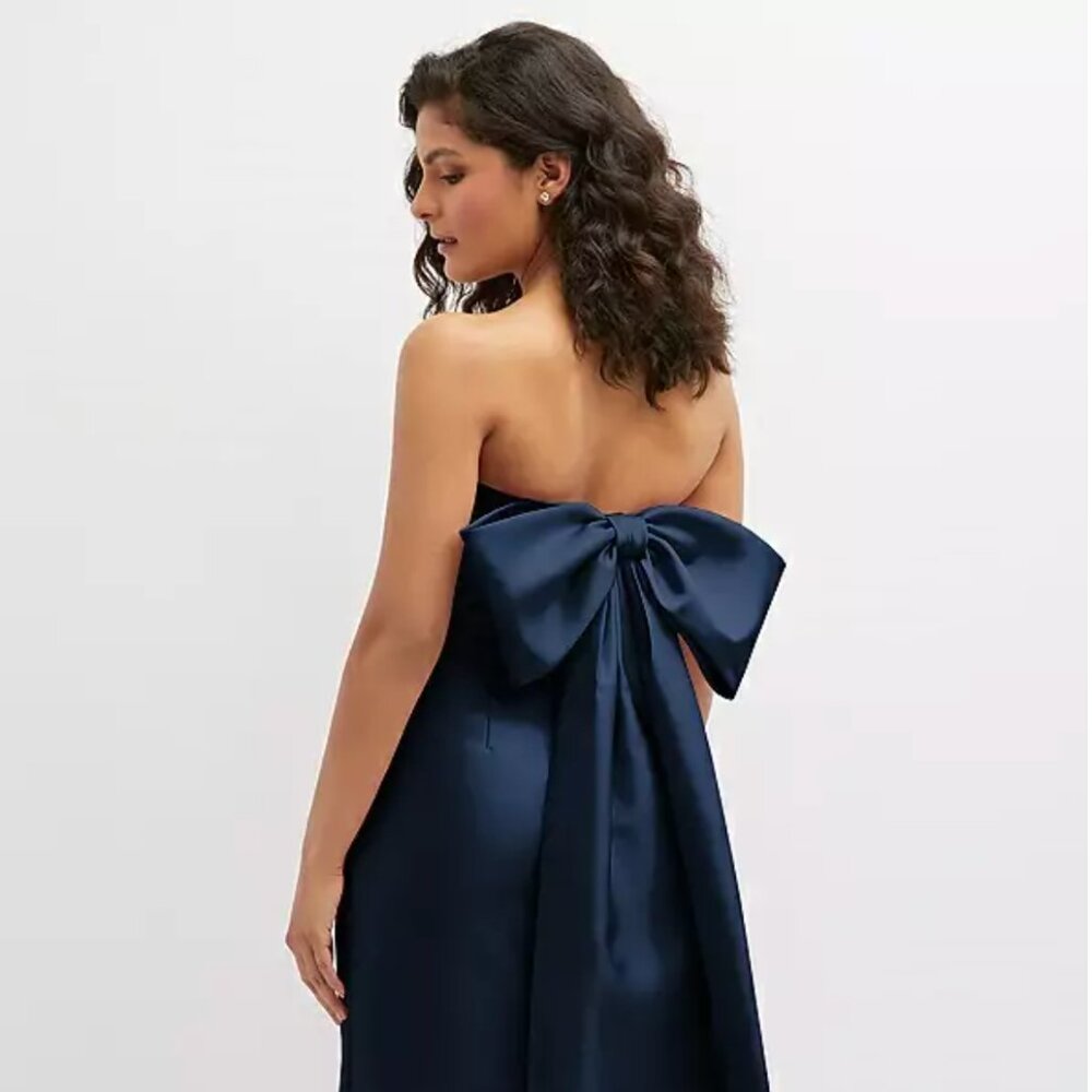 ALFRED SUNG Navy Strapless Satin Dress with Bow Back